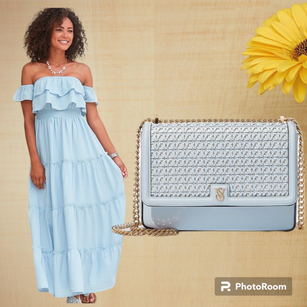 LASCANA Size 10 BABY BLUE DRESS, BLUE & WOVEN BAG